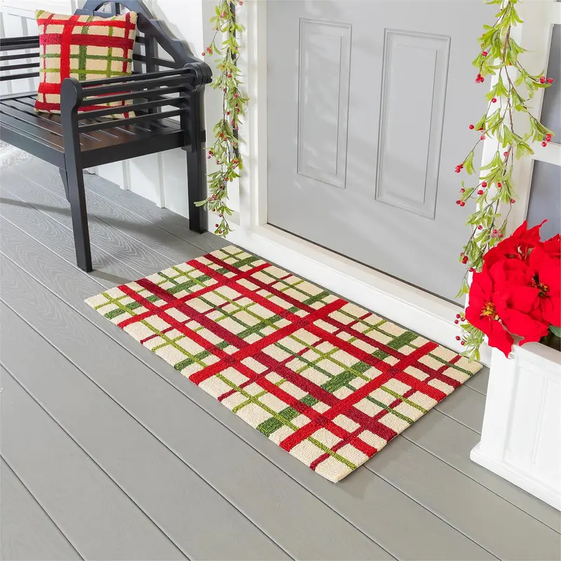 Indoor/Outdoor Hooked Rug, Polypropylene, Christmas Plaid, 24"x42"