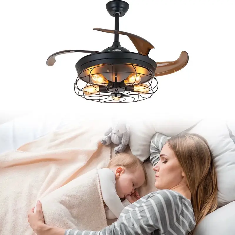 Industrial Caged Ceiling Lamp And Retractable Fan By Homeroots