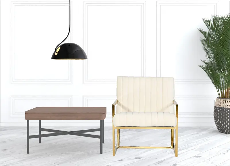 Industrial Off White Velvet And Gold Steel Chair By Homeroots