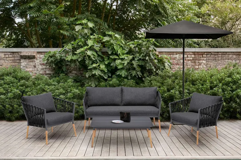 Ipanema Outdoor 4 Piece Rope and Teak Sofa Seating Set with Dark Grey Olefin By Armen Living