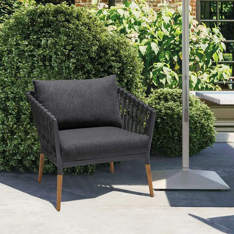 Ipanema Outdoor Teak Wood and Rope Lounge Chair with Dark Grey Olefin By Armen Living