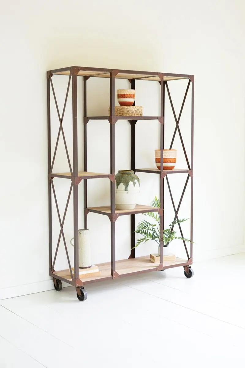Iron And Wood Display Alternating Shelves And Iron Casters By Kalalou