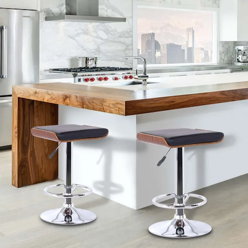 Java Barstool in Chrome finish with Walnut wood and Black Faux Leather By Armen Living