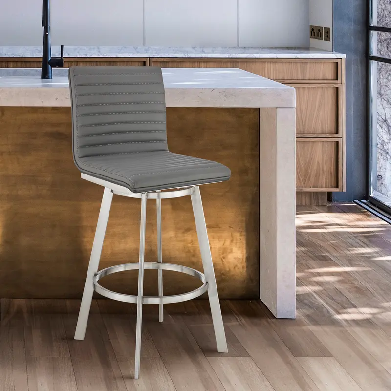 Jermaine 26" Counter Swivel Bar Stool in Brushed Stainless Steel Finish and Gray Faux Leather By Armen Living