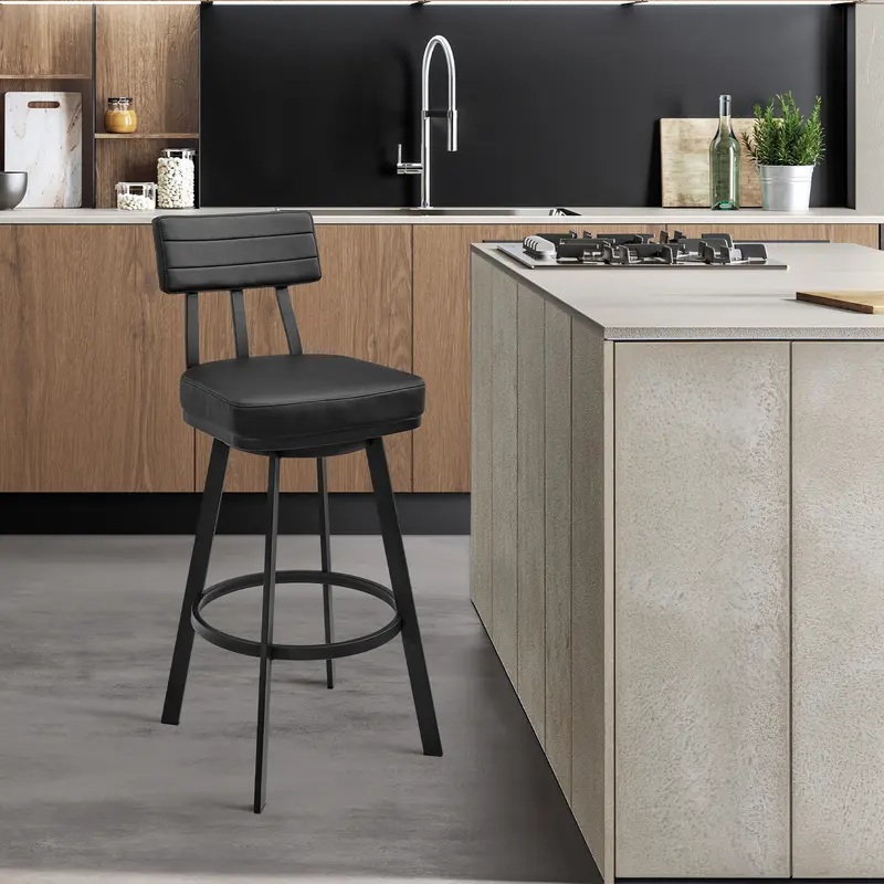 Jinab Swivel Counter Stool in Black Metal with Black Faux Leather By Armen Living