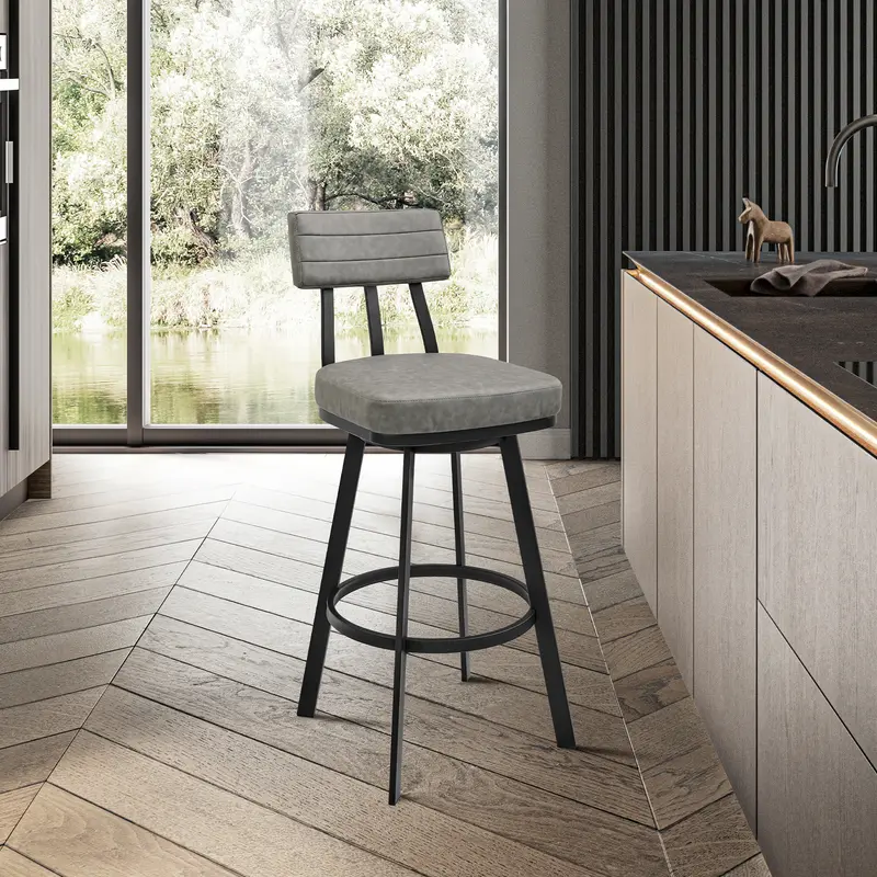 Jinab Swivel Counter Stool in Black Metal with Grey Faux Leather By Armen Living