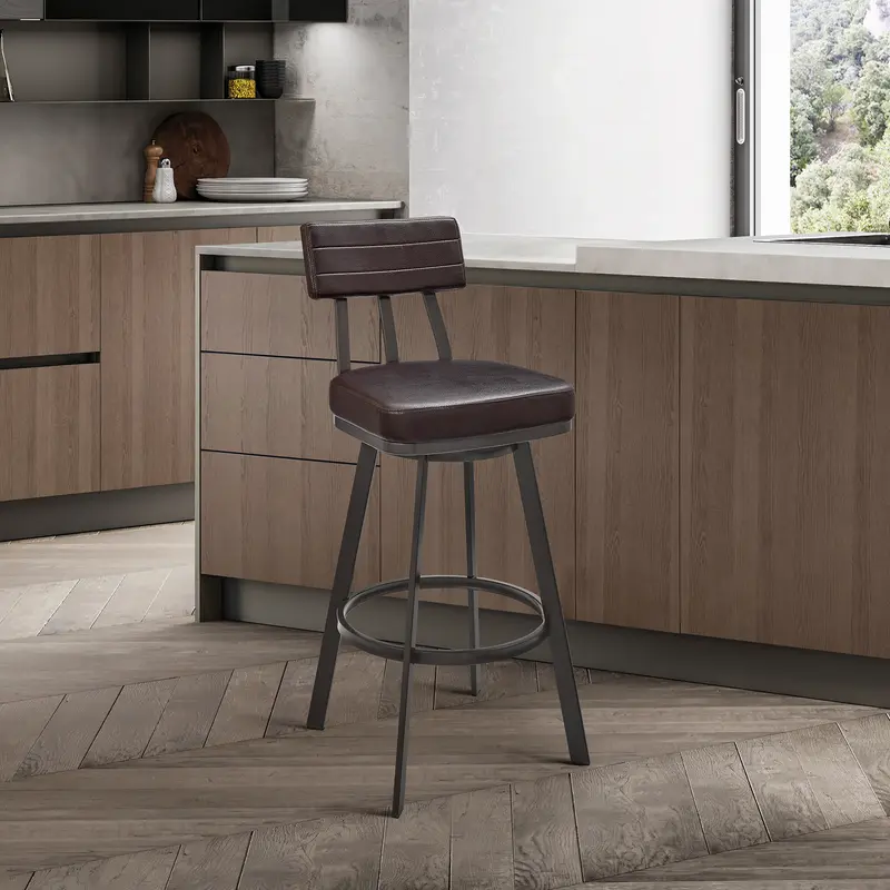 Jinab Swivel Counter Stool in Brown Metal with Brown Faux Leather By Armen Living