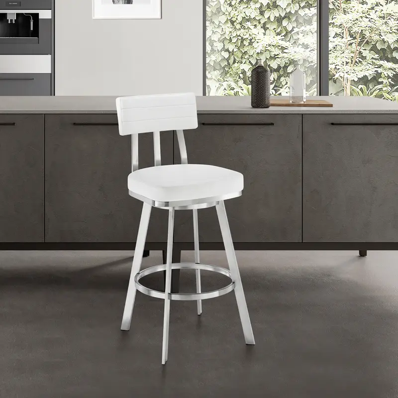 Jinab Swivel Counter Stool in Brushed Stainless Steel with White Faux Leather  By Armen Living