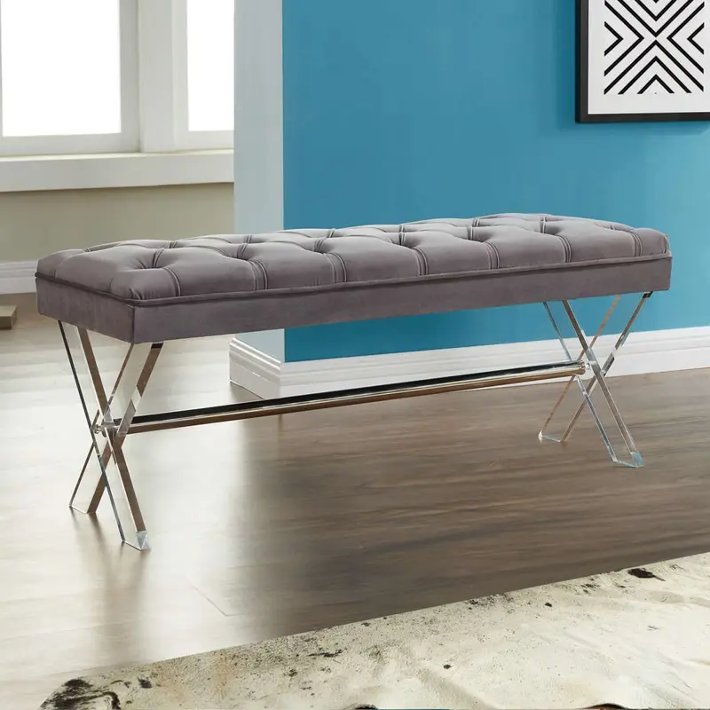 Joanna Ottoman Bench in Gray Tufted Velvet with Crystal Buttons and Acrylic Legs By Armen Living