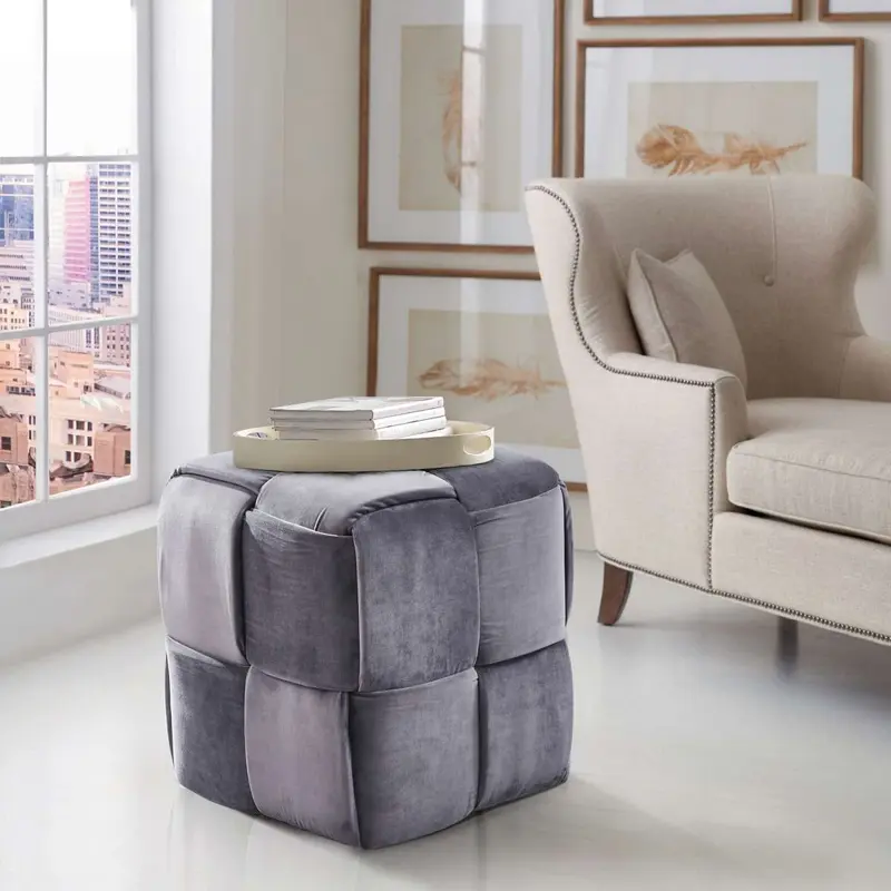 Joy Contemporary Short Ottoman in Gray Velvet By Armen Living