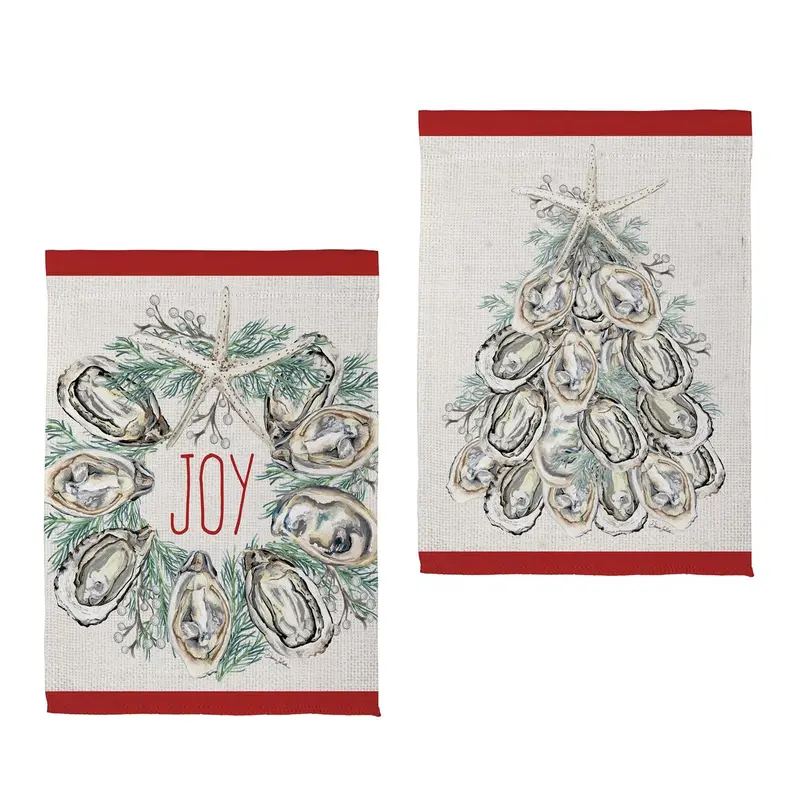 Joyful Oyster Wreath & Tree Front Back Suede Flag House