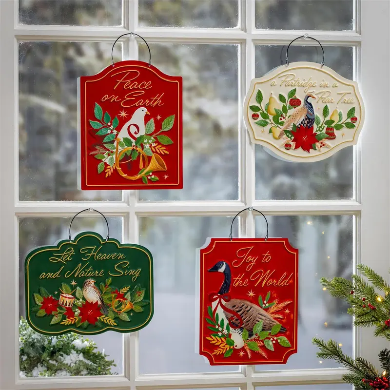 Joyful Traditions Garden Accent, Printed Metal Hanging Birds Sign, Holiday Bird, Asst of 4