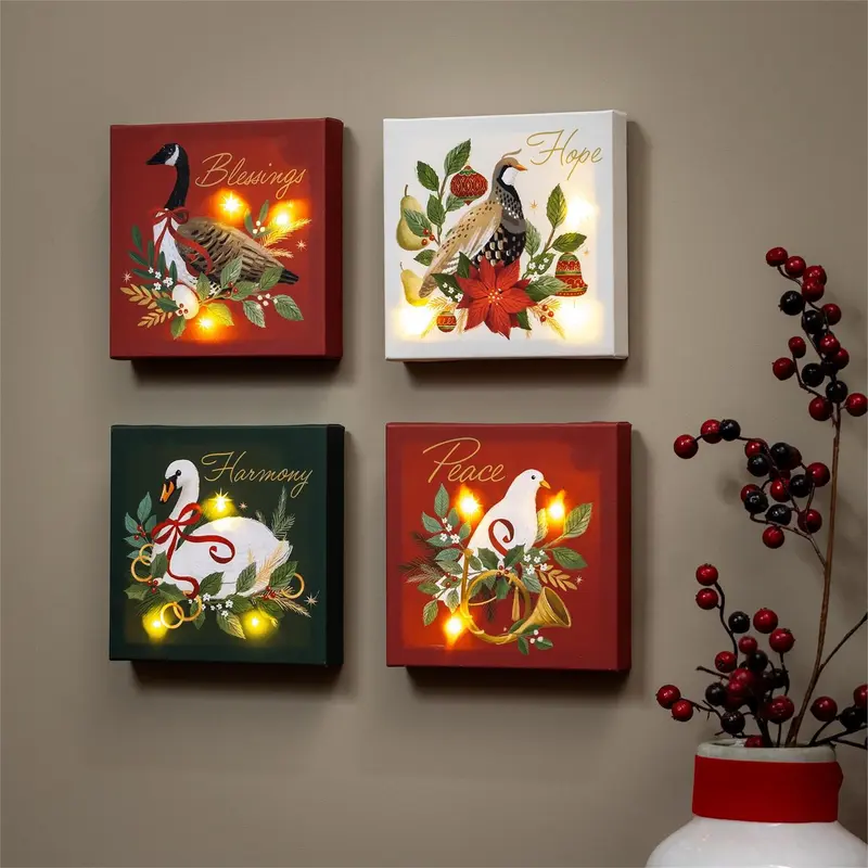 Joyful Traditions Wall Decor, LED Canvas, Holiday Bird, 8" L x 8" H, Asst of 4