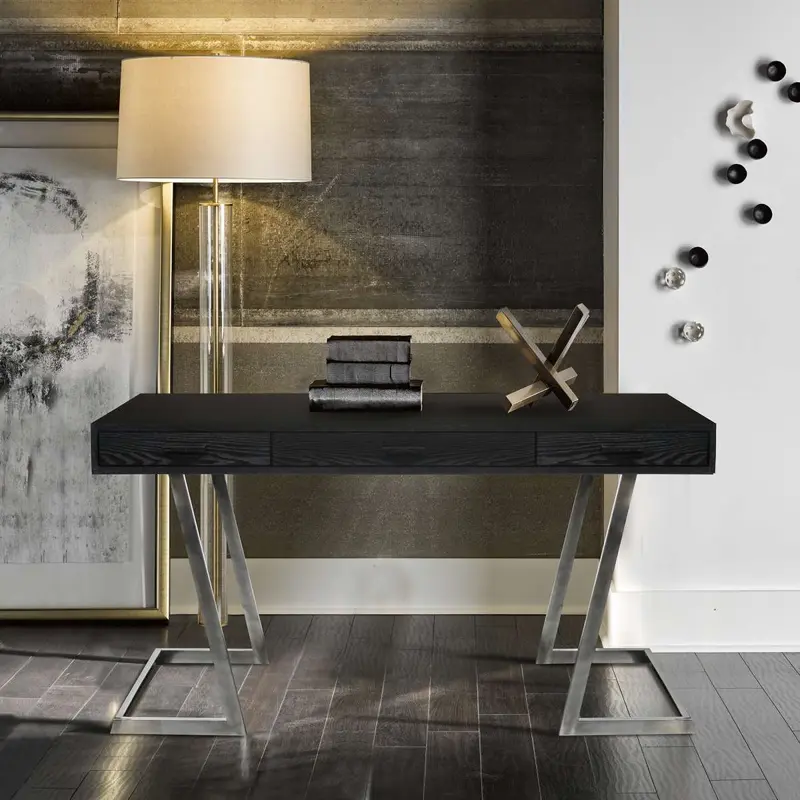 Juniper Contemporary Desk with Polished Stainless Steel Finish and Black Top By Armen Living