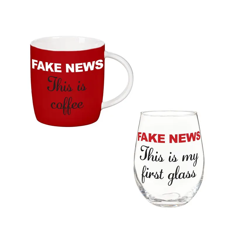 Just for Laughs Drinkware Gift Set Ceramic Cup and Stemless Wine Glass, "Fake News"