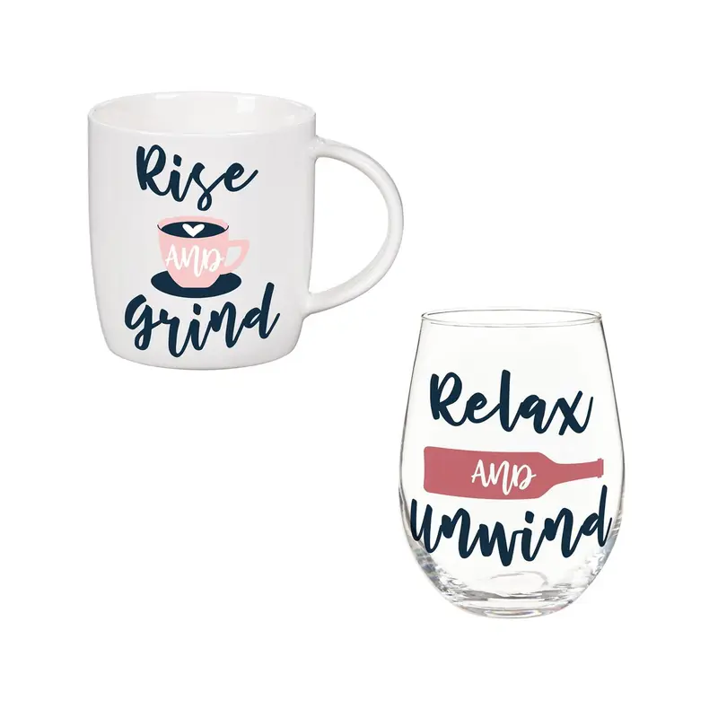 Just for Laughs Drinkware Gift Set Ceramic Cup and Stemless Wine Glass, "Relax" and "Rise"
