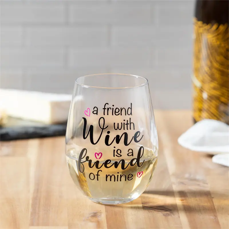 Just for Laughs Wine Glass Stemless, "A Friend with Wine is a Friend of Mine", 17oz, Gift Box