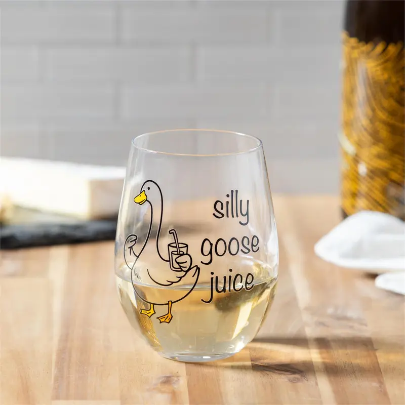 Just for Laughs Wine Glass Stemless, "Silly Goose Juice", 17oz, Gift Box