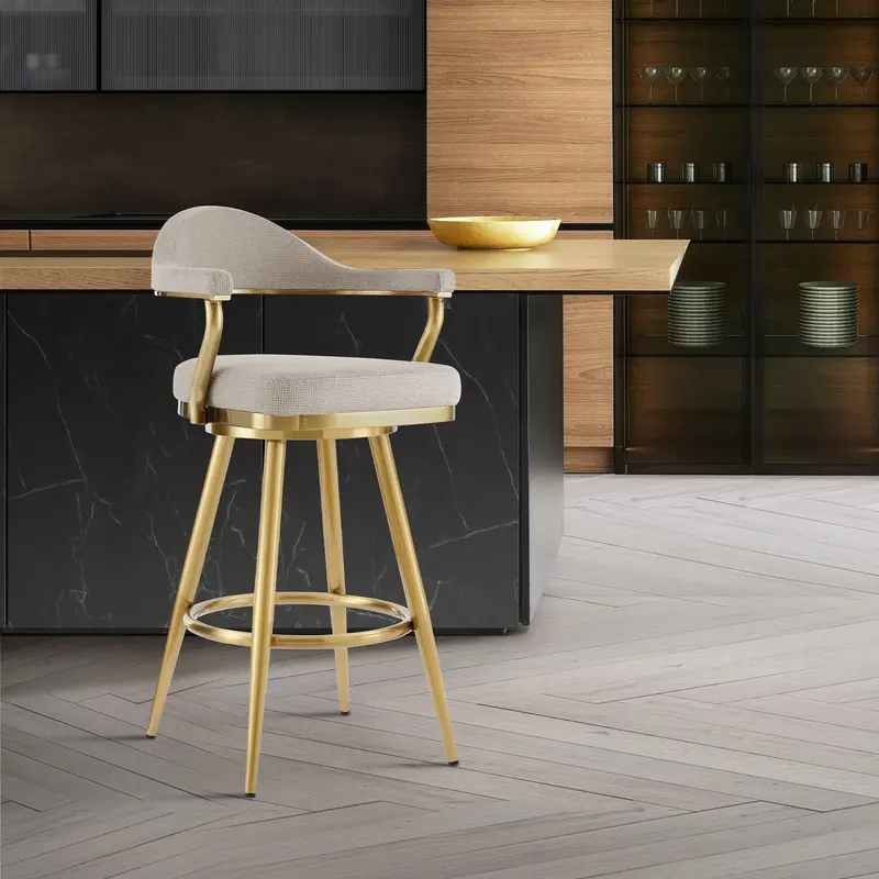Justin 26" Swivel Counter Stool with Gold Brushed Stainless Steel and Taupe Fabric By Armen Living