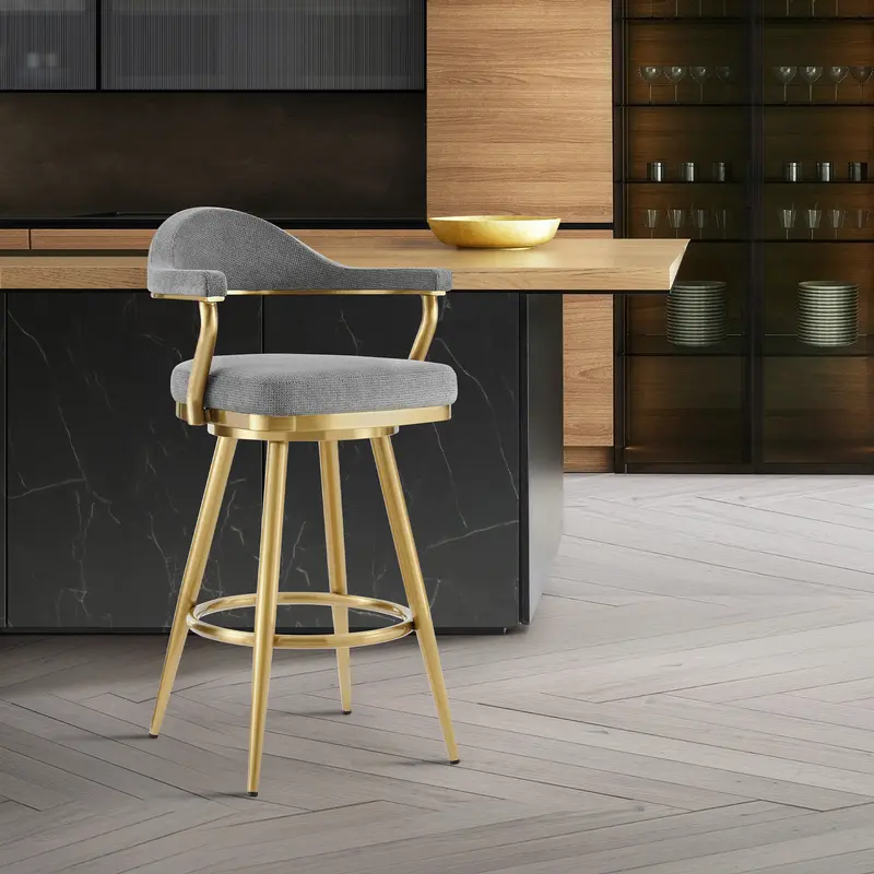 Justin 30" Swivel Bar Stool with Gold Brushed Stainless Steel and Anchor Gray Fabric By Armen Living
