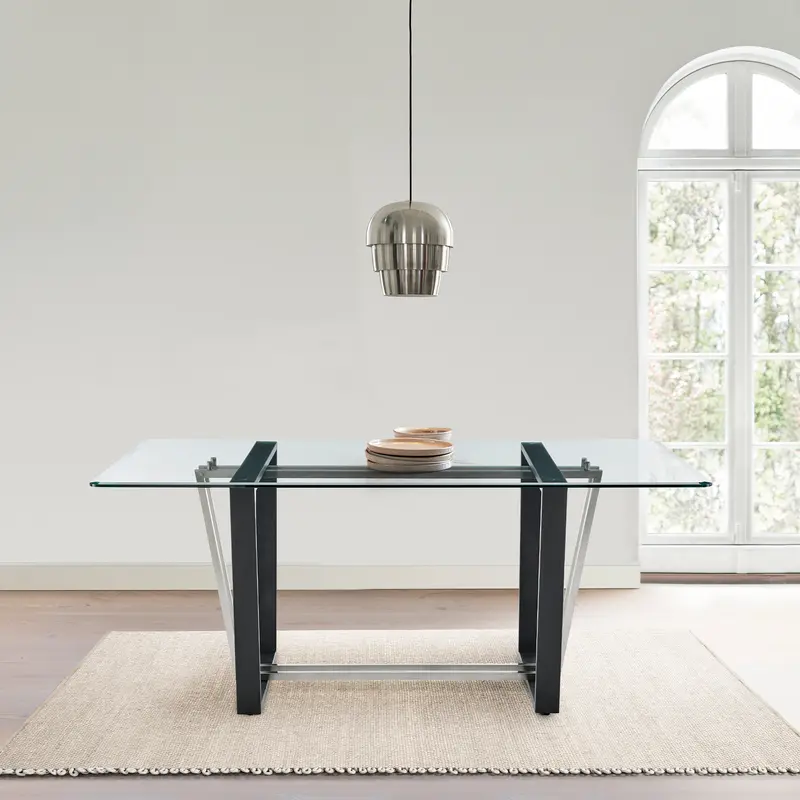 Kai 72" Rectangular Dining Table in Black Iron and Brushed Stainless Steel Base with Glass Tabletop By Armen Living