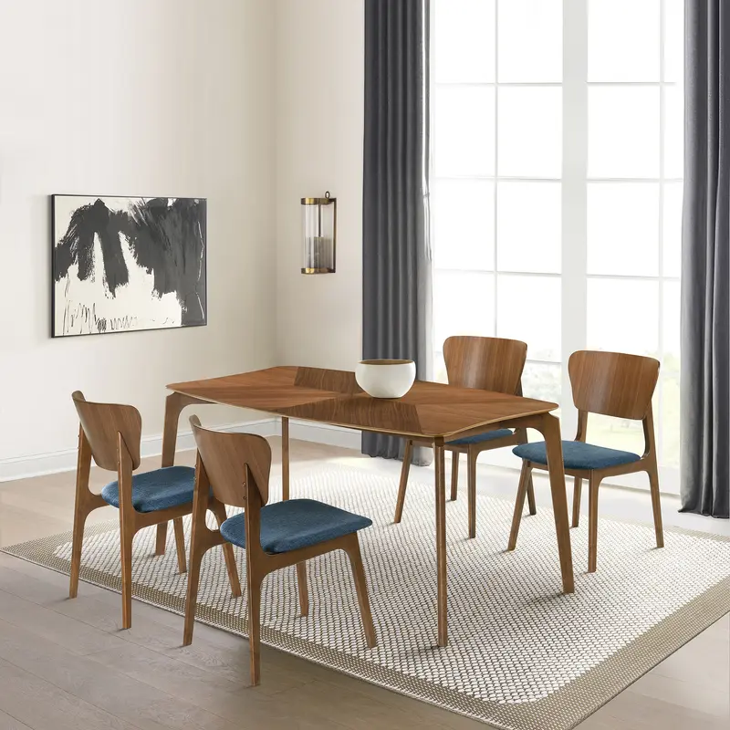 Kalia 5 Piece Wood Dining Set in Walnut Finish with Blue Fabric By Armen Living