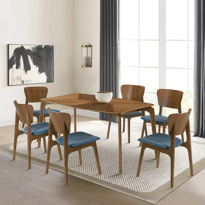 Kalia 7 Piece Wood Dining Set in Walnut Finish with Blue Fabric By Armen Living