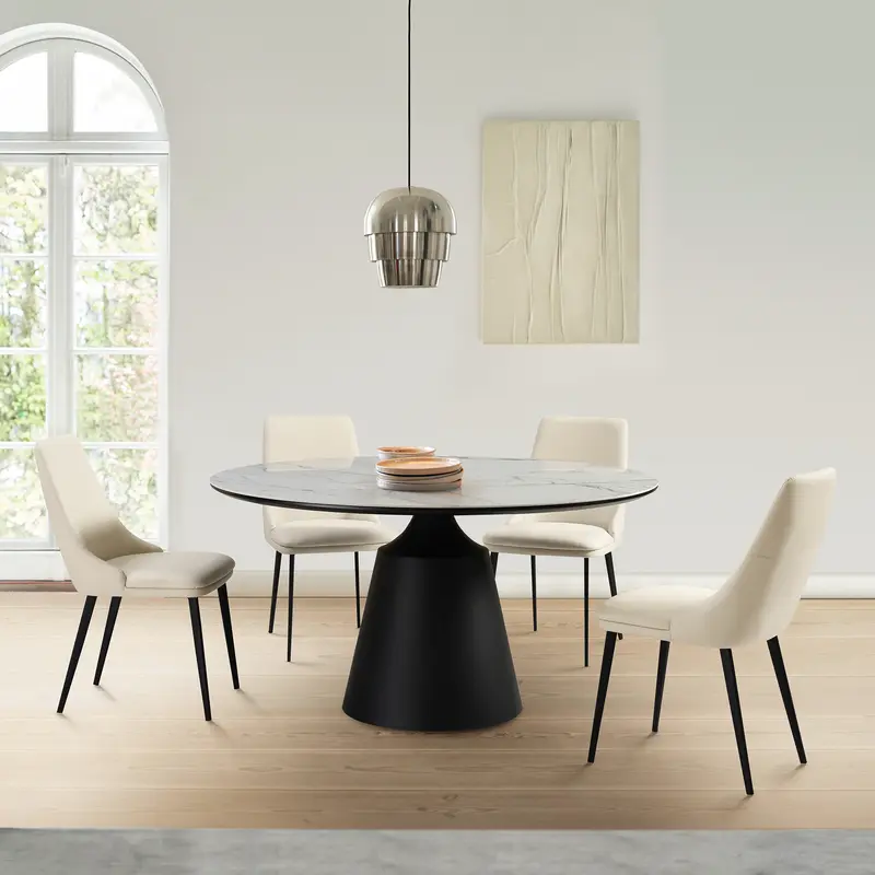 Knox Genesis 5 Piece Dining Set with Stone Top and Beige Faux Leather Chairs By Armen Living
