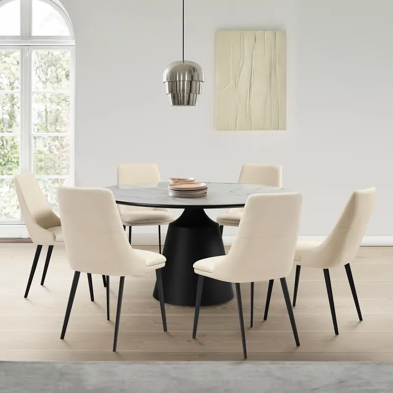 Knox Genesis 7 Piece Dining Set with Stone Top and Beige Faux Leather Chairs By Armen Living