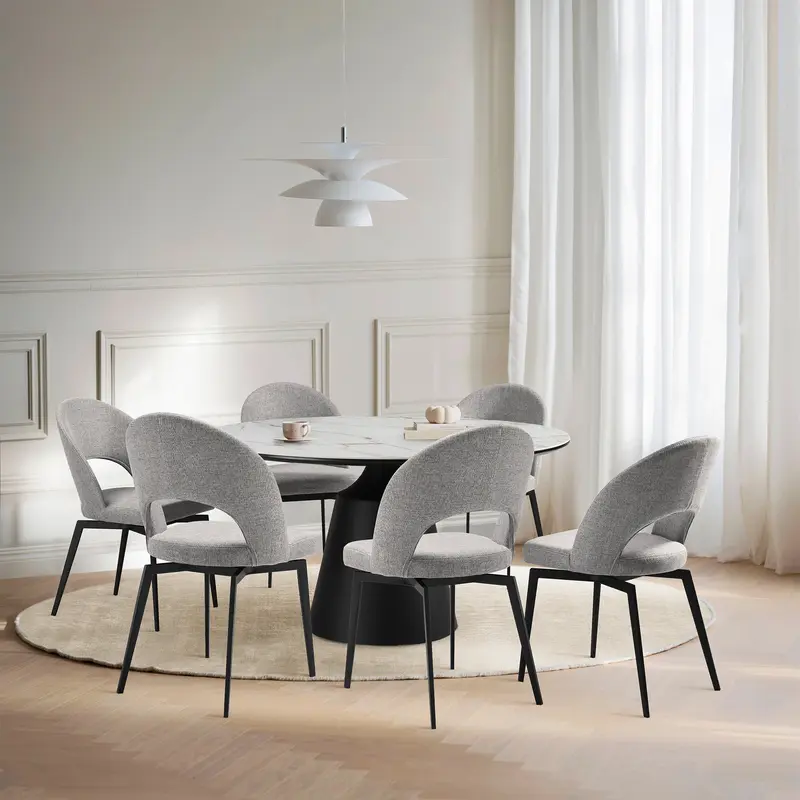 Knox Lucia 7 Piece Dining Set with Stone Top and Gray Fabric Chairs By Armen Living