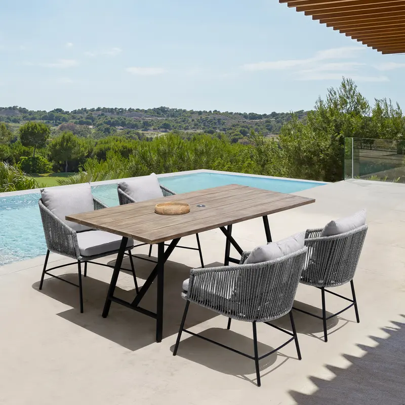 Koala and Calica 5 Piece Dining Set in Light Eucalyptus and Metal with Grey Rope By Armen Living