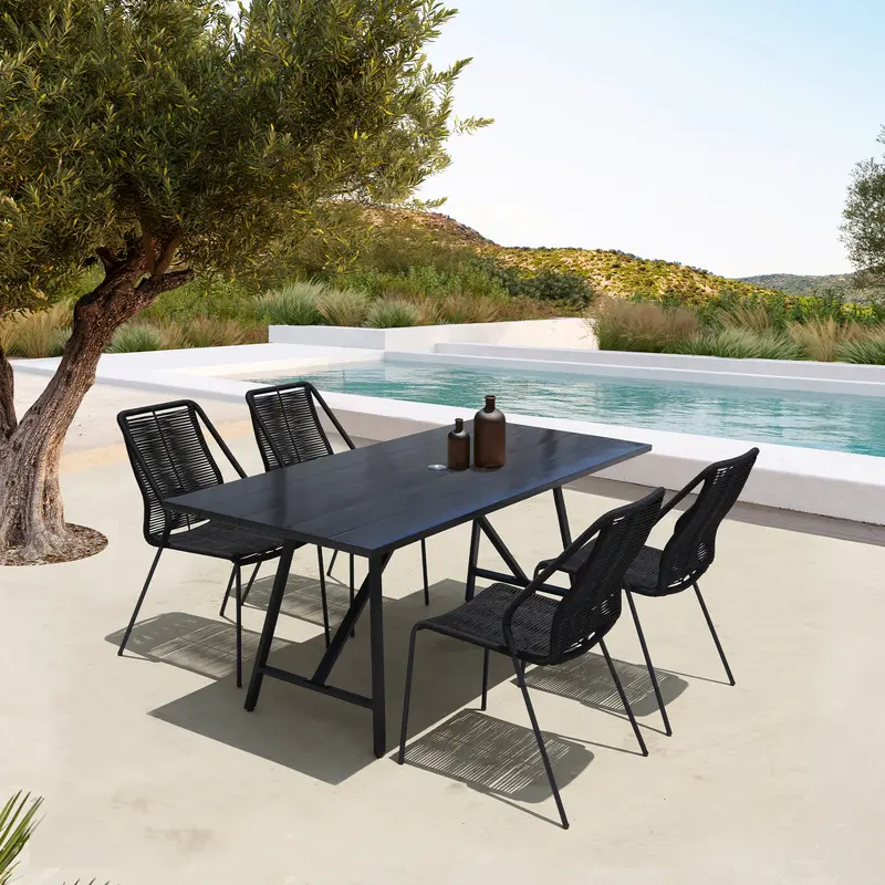 Koala and Clip 5 Piece Dining Set in Dark Eucalyptus Wood and Metal with Black Rope By Armen Living