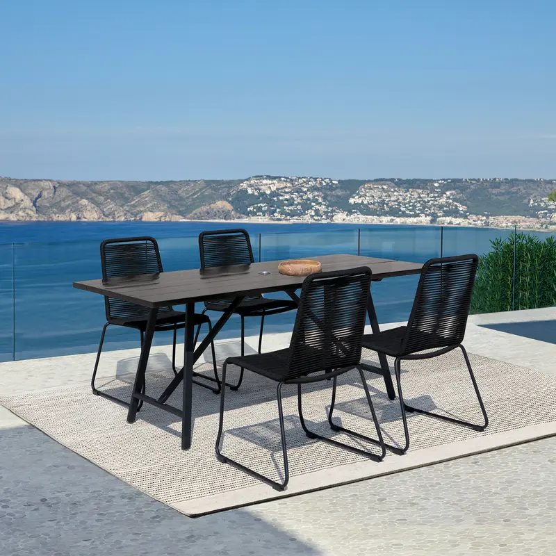 Koala and Shasta 5 Piece Dining Set in Dark Eucalyptus and Metal with Black Rope By Armen Living