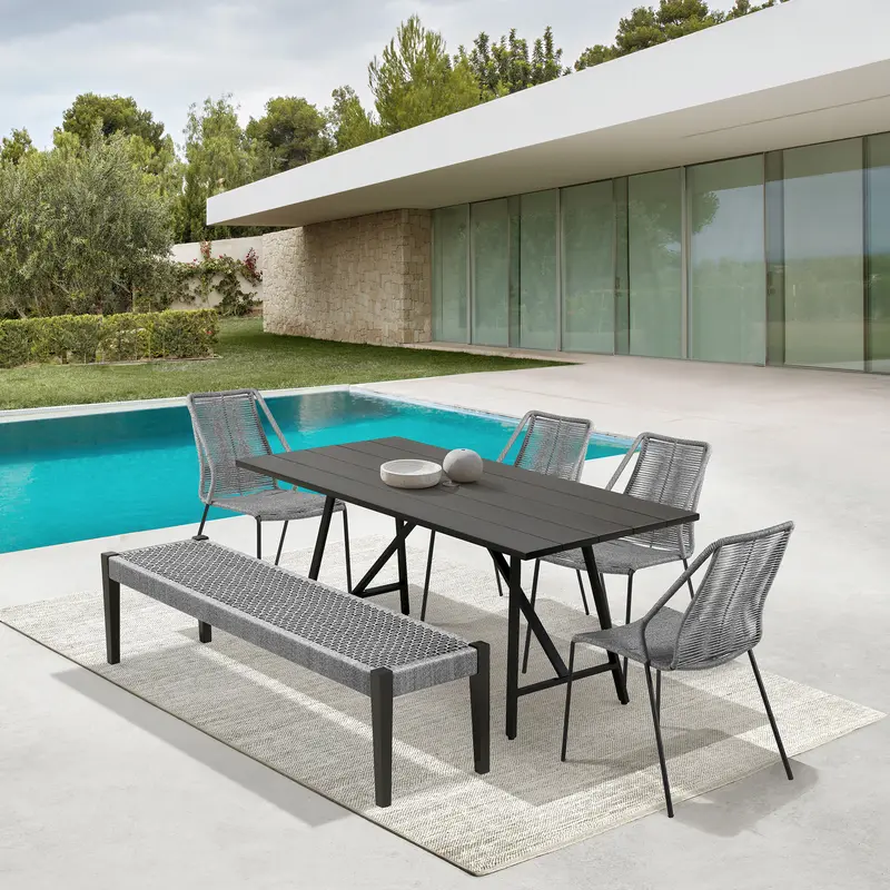 Koala Clip and Camino 6 Piece Outdoor Dining Set in Dark Eucalyptus with Grey Rope By Armen Living