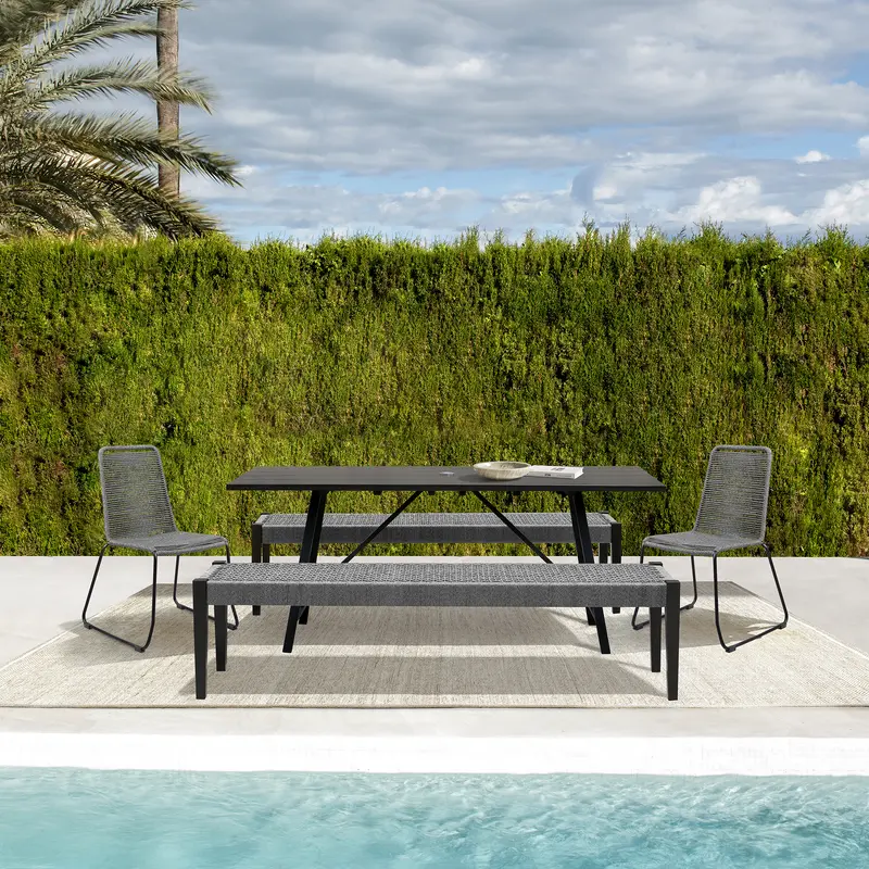 Koala Shasta and Camino 5 Piece Outdoor Dining Set in Dark Eucalyptus Wood with Grey Rope By Armen Living