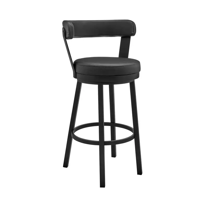 Kobe 30" Bar Height Swivel Bar Stool in Black Finish and Black Faux Leather By Armen Living