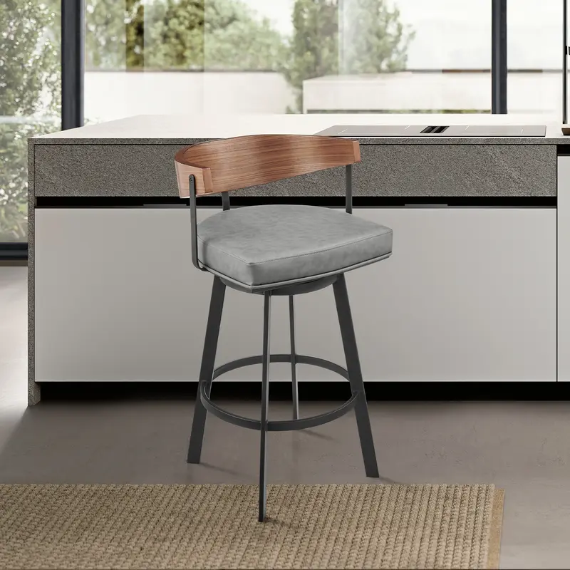 Lacey 30" Swivel Bar Stool in Black Iron with Walnut Finish and Vintage Gray Faux Leather By Armen Living