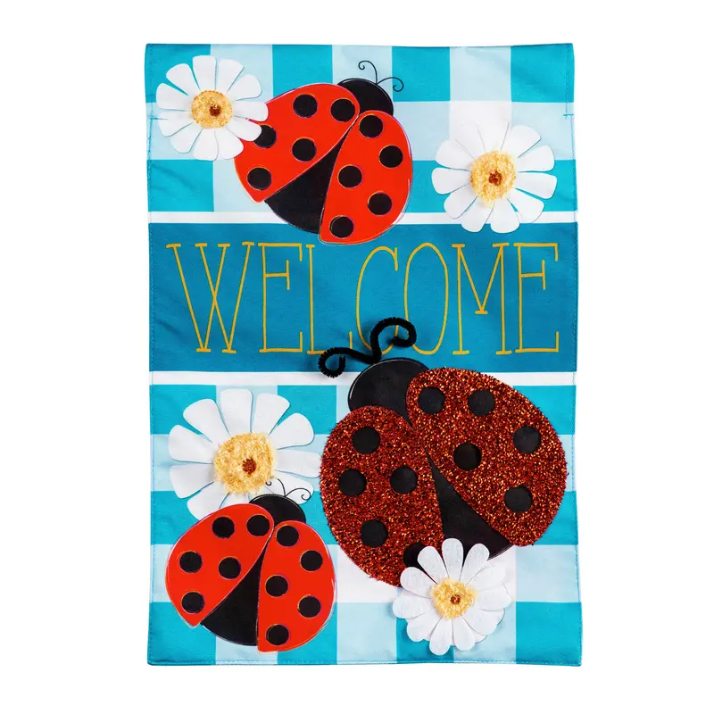 Ladybug Plaid Welcome Garden Linen Flag,14l9634