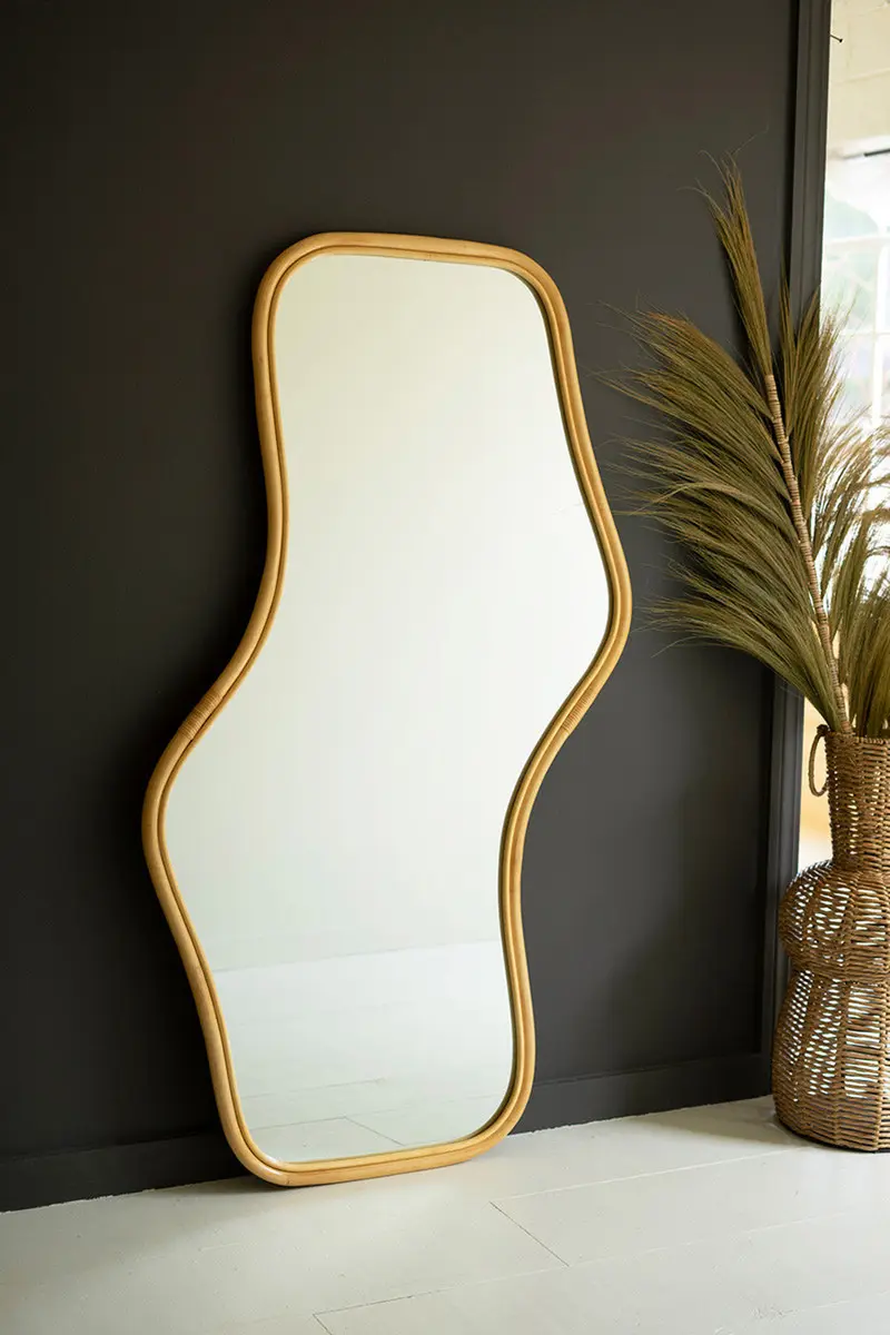 Large Wavy Rattan Floor Mirror By Kalalou