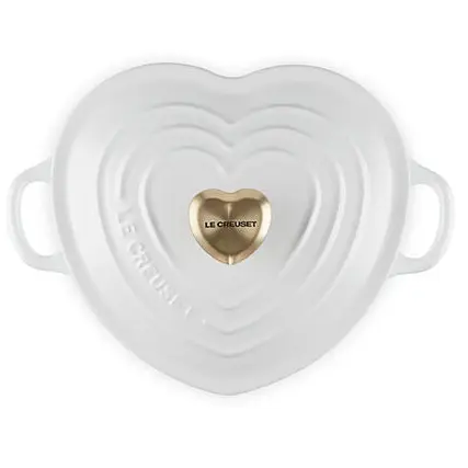 Le Creuset 1.25 qt. Shallow Heart Cocotte with Light Gold Heart Knob - White