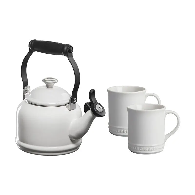 Le Creuset Demi Kettle w/ SS Knob & 2 Mug Set - White