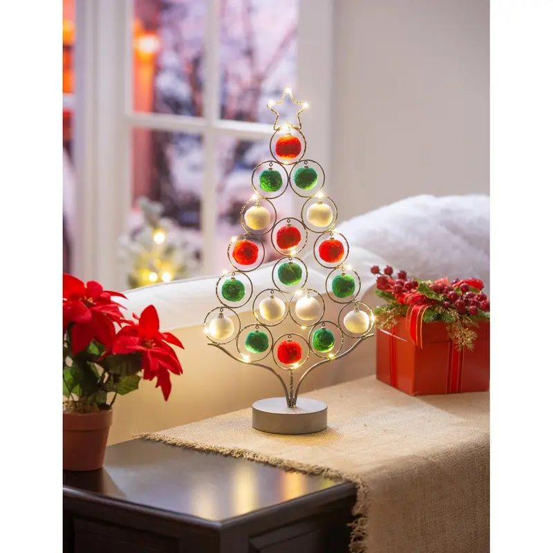 LED 16" Metal Tree with Pom Pom Ornaments Table Décor