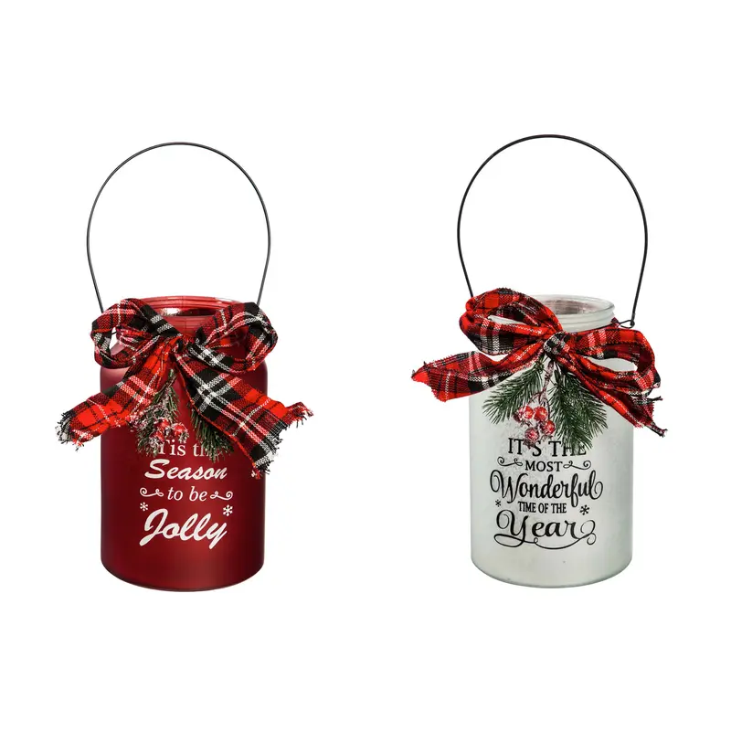 LED Jar with Plaid Ribbon, Pine, and Berries, 2 Assorted