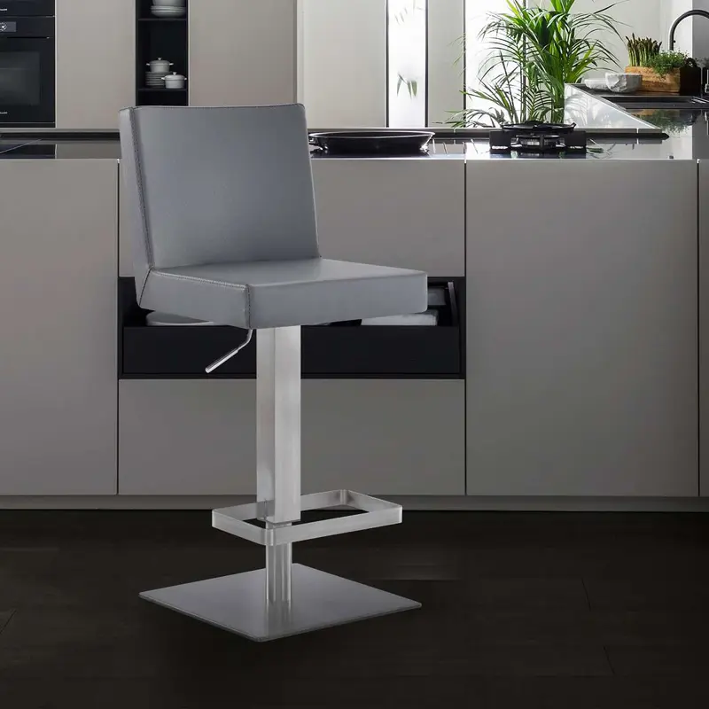 Legacy Adjustable Height Swivel Grey Faux Leather and Brushed Stainless Steel Bar Stool By Armen Living