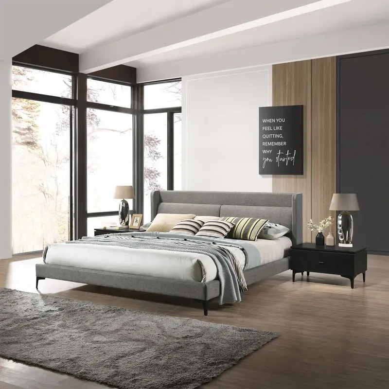 Legend 3 Piece Gray Fabric King Platform Bed and Nightstands Bedroom Set By Armen Living