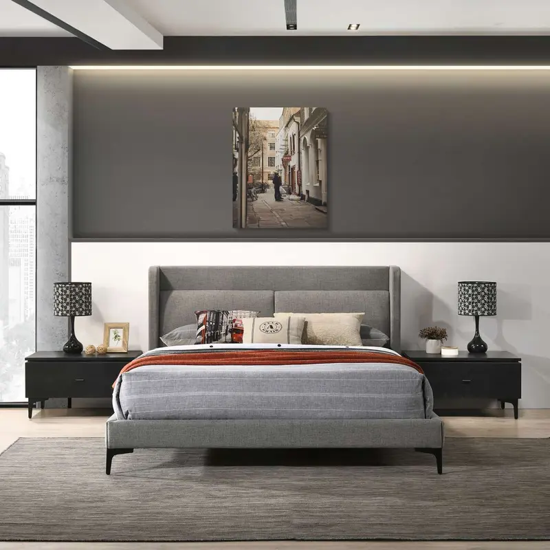 Legend 3 Piece Gray Fabric Queen Platform Bed and Nightstands Bedroom Set By Armen Living
