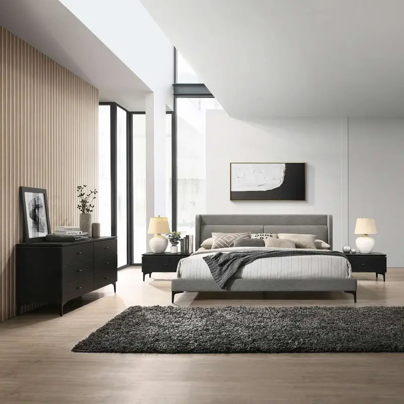 Legend 4 Piece Gray Fabric King Platform Bedroom Set with Dresser and Nightstands By Armen Living