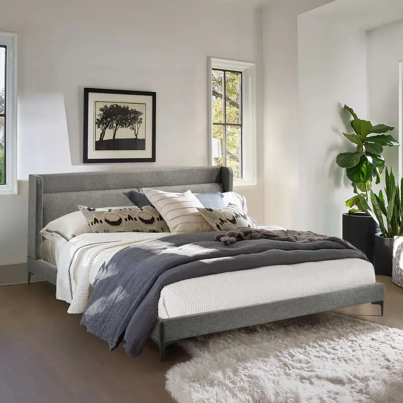 Legend Gray Fabric Eastern King Platform Bed with Black Metal Legs By Armen Living