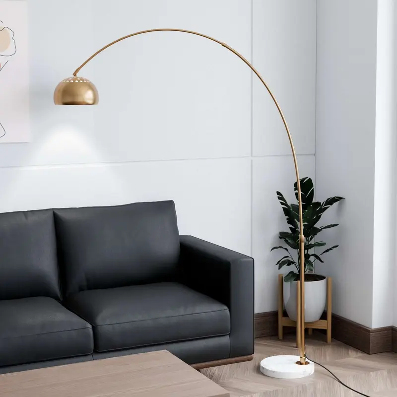Leisuremod Arco Mid-Century Modern Arched Floor Lamp 75.6" Height with White Round Marble