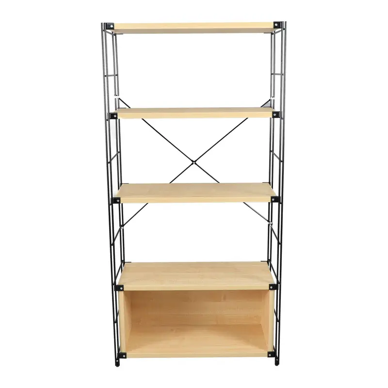 LeisureMod Brentwood Etagere Bookcase with Black Powder Coated Steel Frame and Melamine Board Shelves